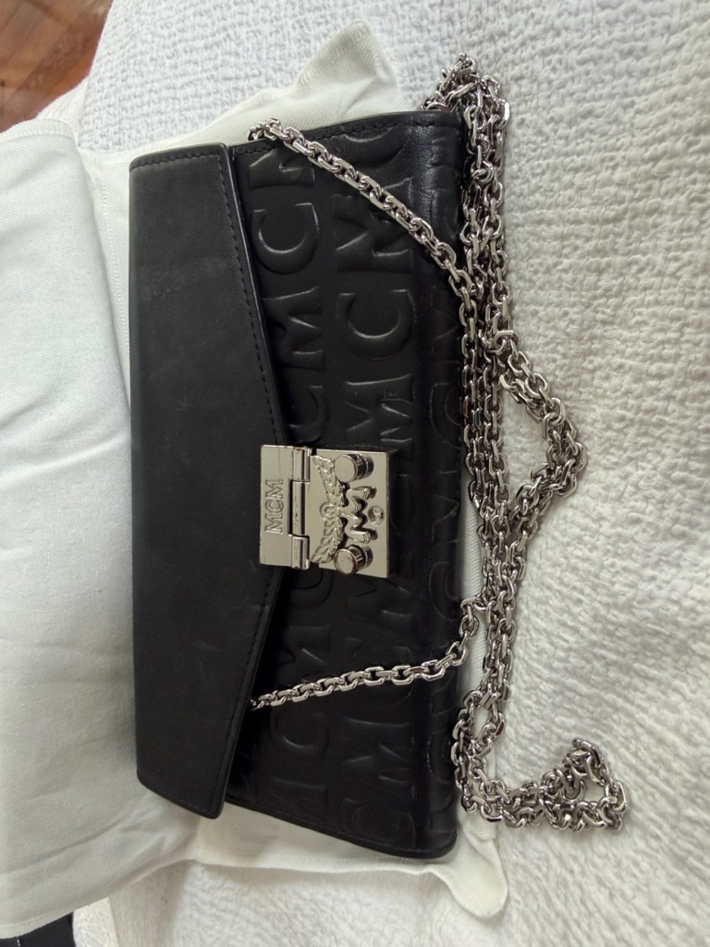 MCM Black Embossed Logo Leather Chain Shoulder Clutch